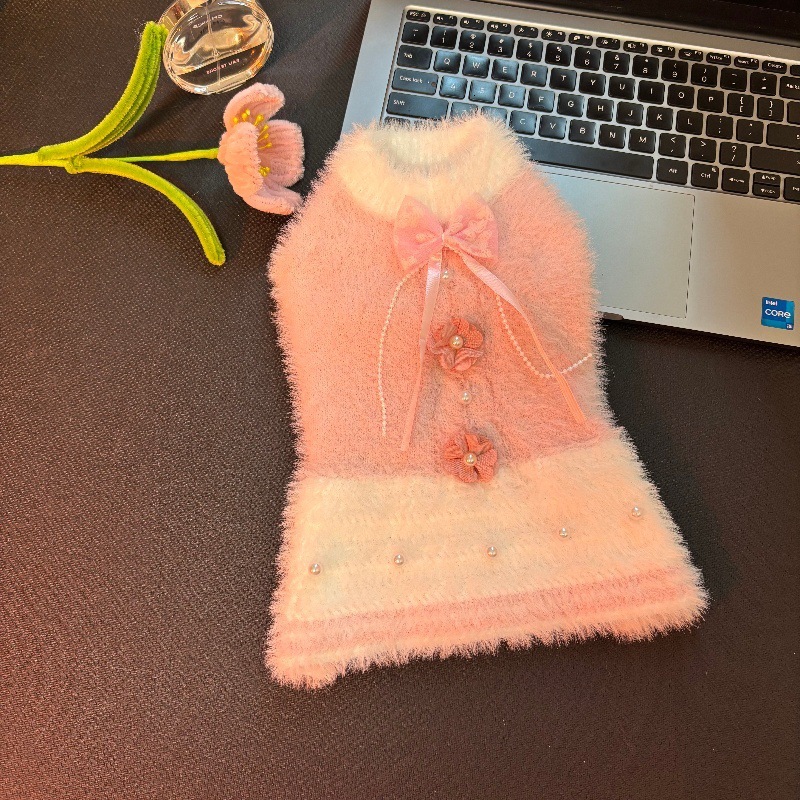 Winter Pet Mink Velvet Beaded Flower Warm Vest Dress for Dogs and Cats Bichon Maltese Corgi Pomeranian Yorkshire Terrier