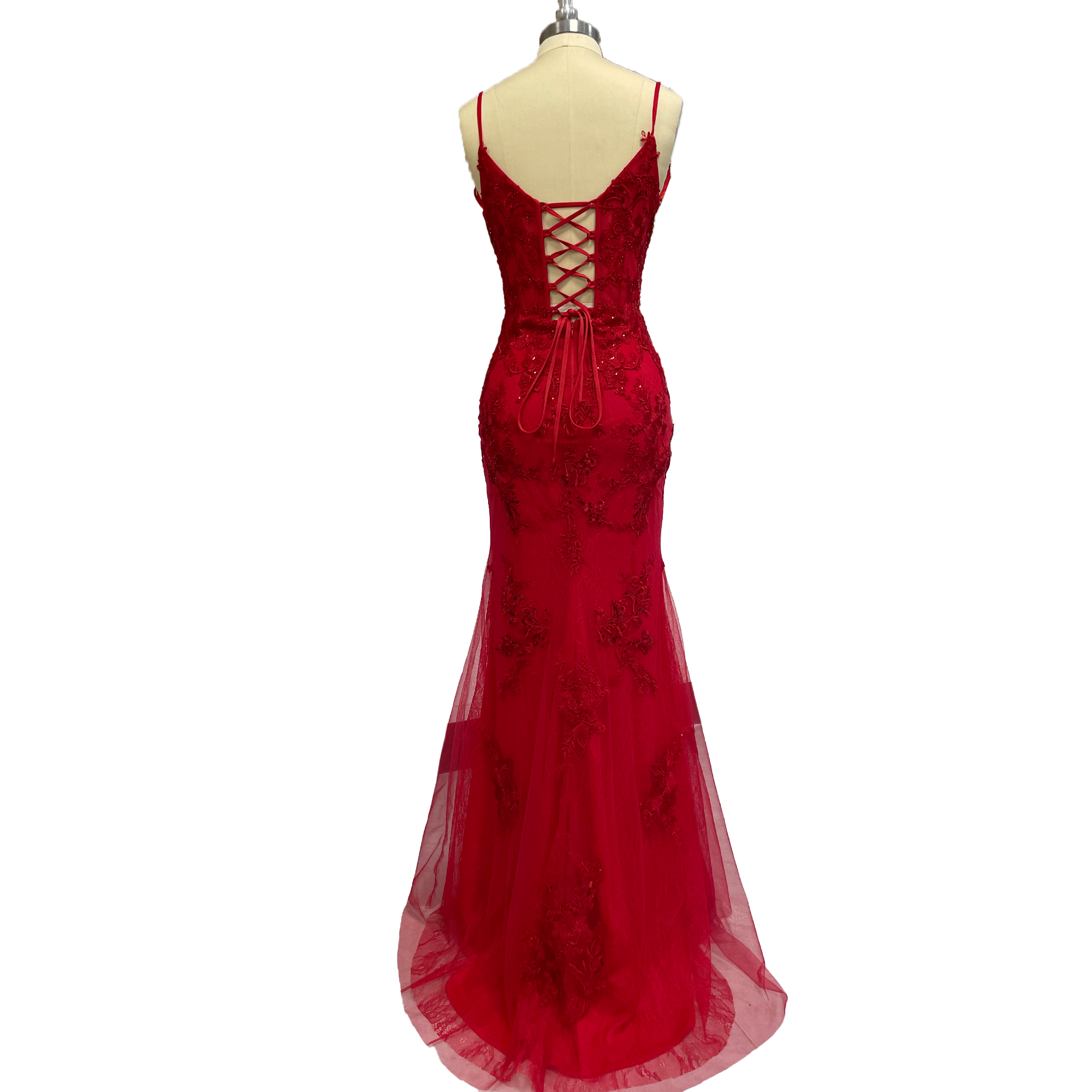 Evening Dresses Red Lace Sequin Spaghetti Strap Mermaid Evening Gown - Plunging V - Neck Formal Prom Dress with Side Slit
