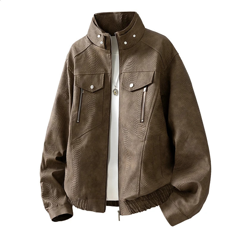 Mens Faux Leather Snake Skin Jacket StandCollar Zip Front Hidden Pockets Classic Look for Daily Office Commute 250916