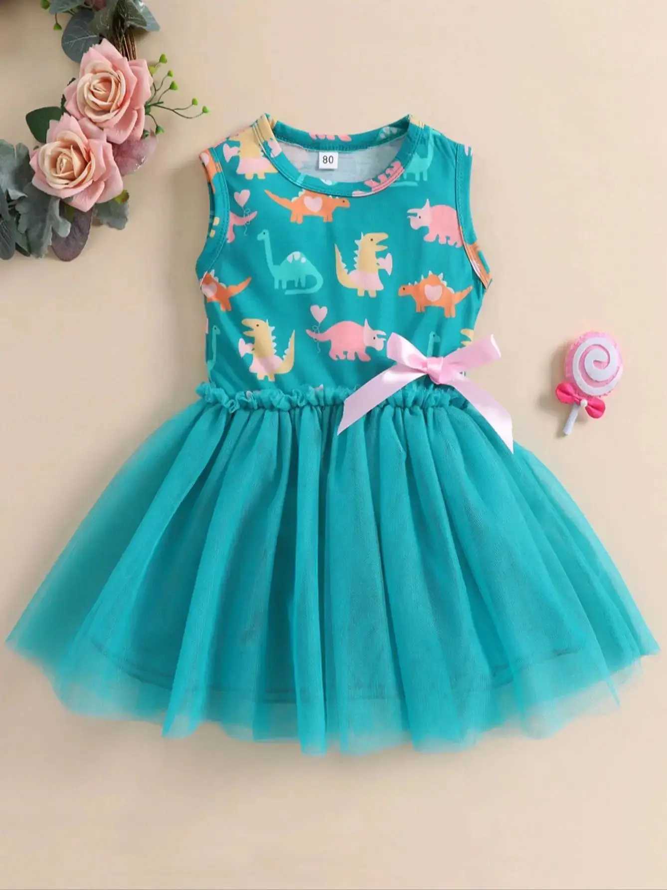 Summer 15 Years Little Girl Princess Dress Clothing Baby Girl Sleeveless Dinosaur Print Mesh Dress For Kids Girl Party C250916