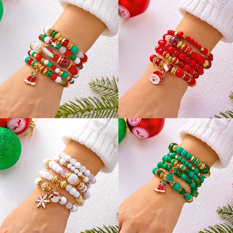 Cooluckday 5-Piece Women's Holiday Bracelet Set - Christmas Bracelets, Festive Gift with Cute Christmas Tree, Snowman, Bell Alloy Pendants & Chri