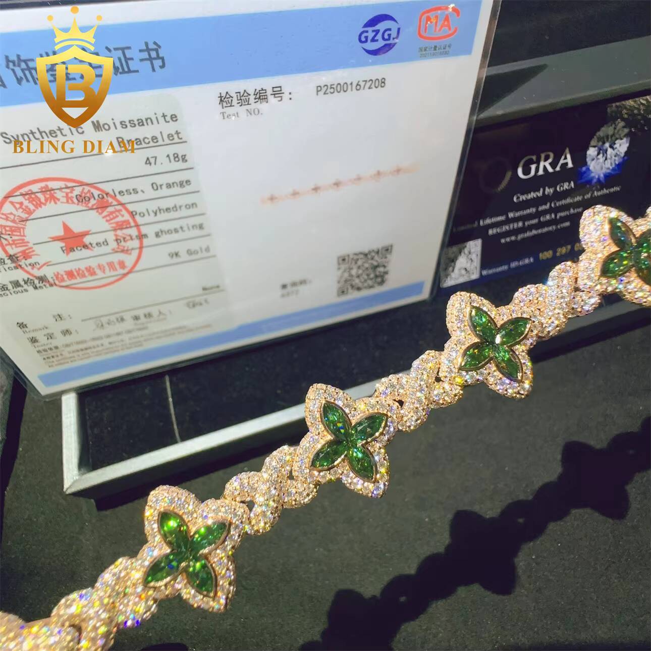 Hip Hop Iced Out Miami Cuban Link Chain 9K Real Gold VVS Moissanite Diamond Fashionable Jewelry for Men Women Bracelet