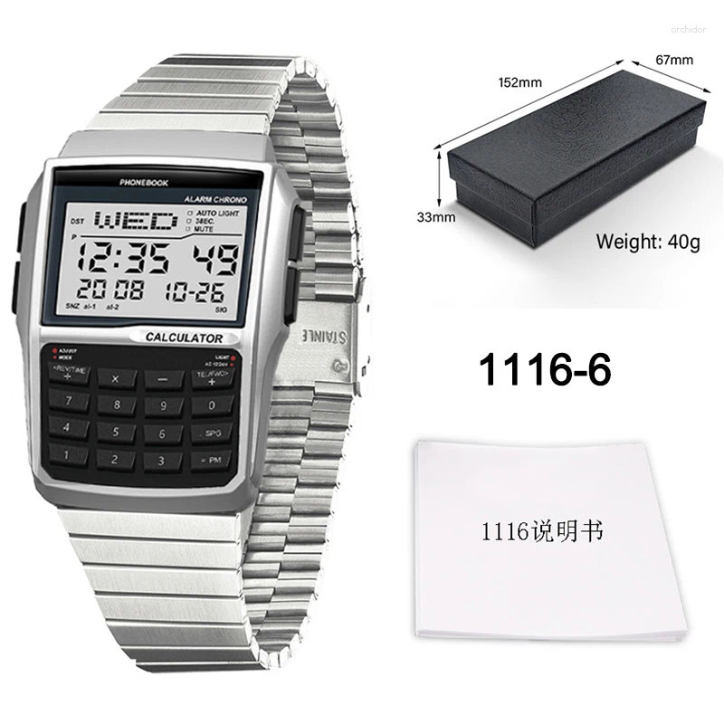 Wristwatches Premium Luxury Stainless Steel Band Men's Watch Calculator Multi-functional LED Computer Style