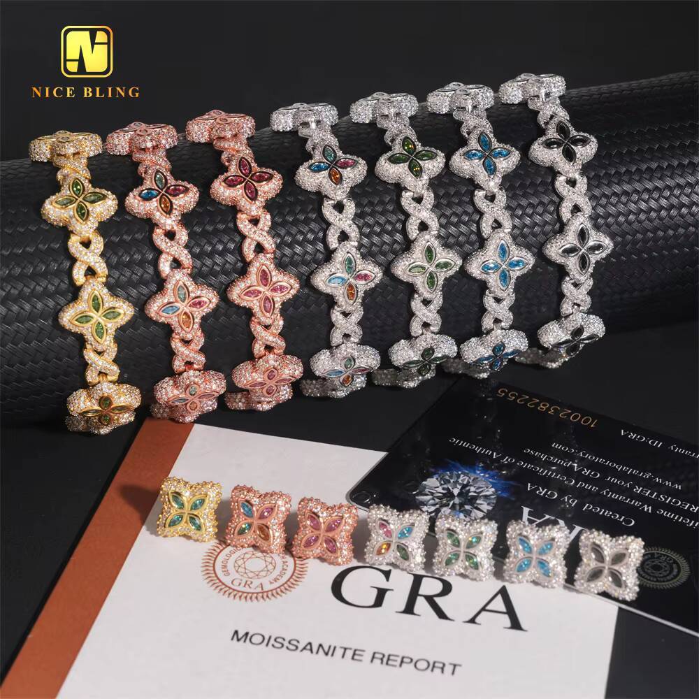 Hot Sale 15mm Hip Hop Jewelry Pear Cut VVS Moissanite 925 Silver Iced Out Bracelet Earrings Set Mix Color Diamond Cuban Chain