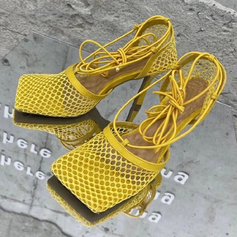 Summer Sexy Yellow Mesh Pumps Sandals Female Square Toe High Heel Lace Up tied Stiletto Hollow Dress Shoes 250915
