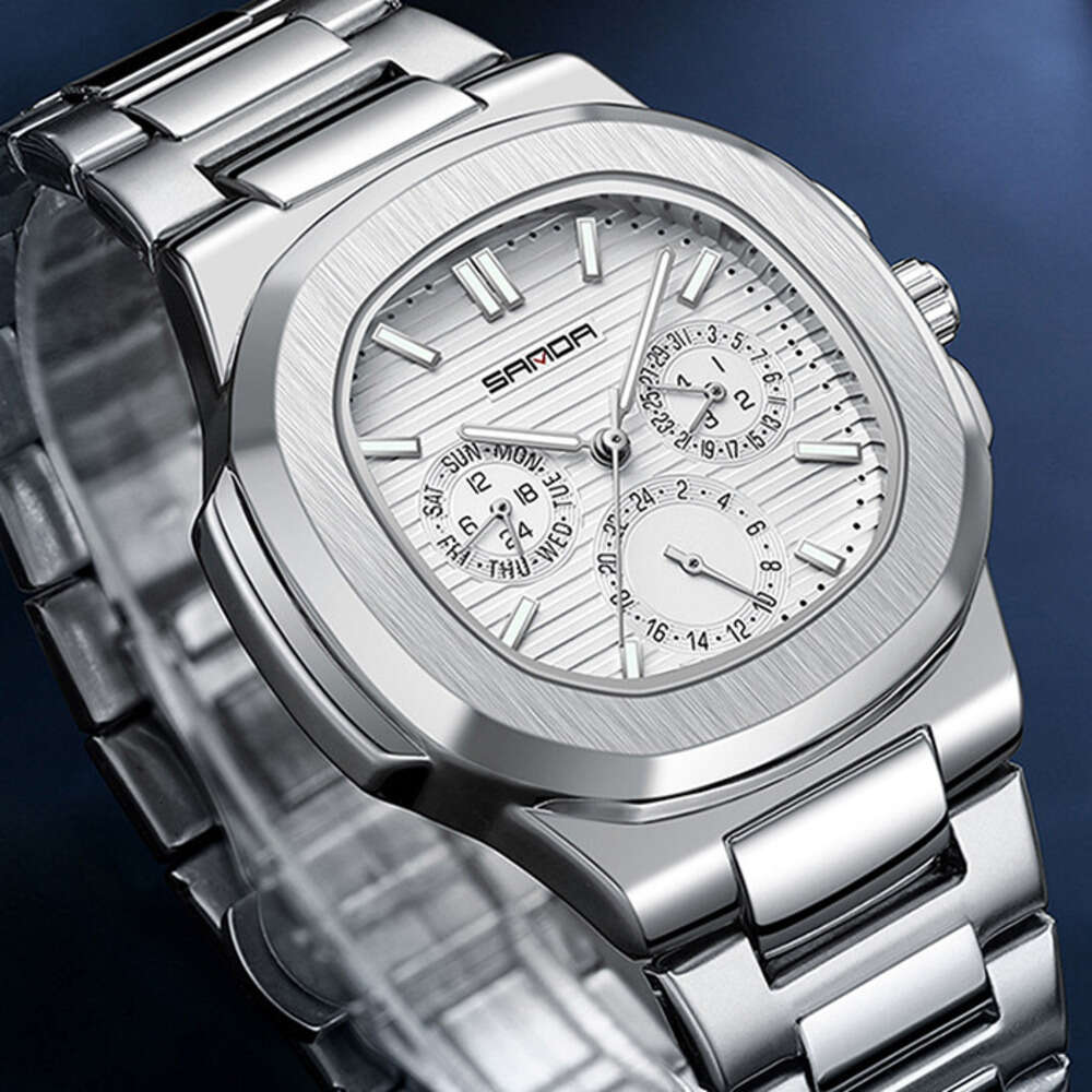 DHgargets Sanda Quartz Three Eyes Six Hands Simple Strips Scale Fashion Steel Band Waterproof Men's Watch