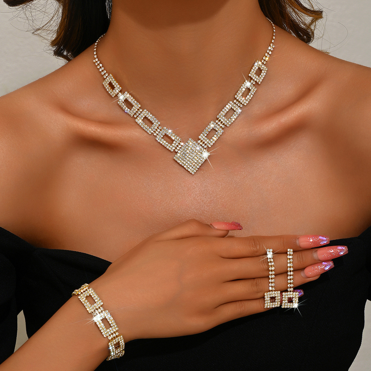 Luxury Brand Designer Jewelry European And American Jewelry Set High-End Full Diamond Three-Piece Set Necklace Earrings Bracelet Evening Dress Jewelry