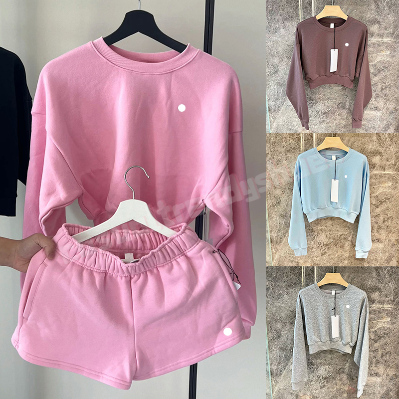 Yoga Short Hoodies Yoga Sweatshirt Sportswear Crew Neck Hoodies Sports Hoodies with 3D Silver Logo on Chest Loose Cotton Breathable Sweatwear Tops Yoga Hoodies