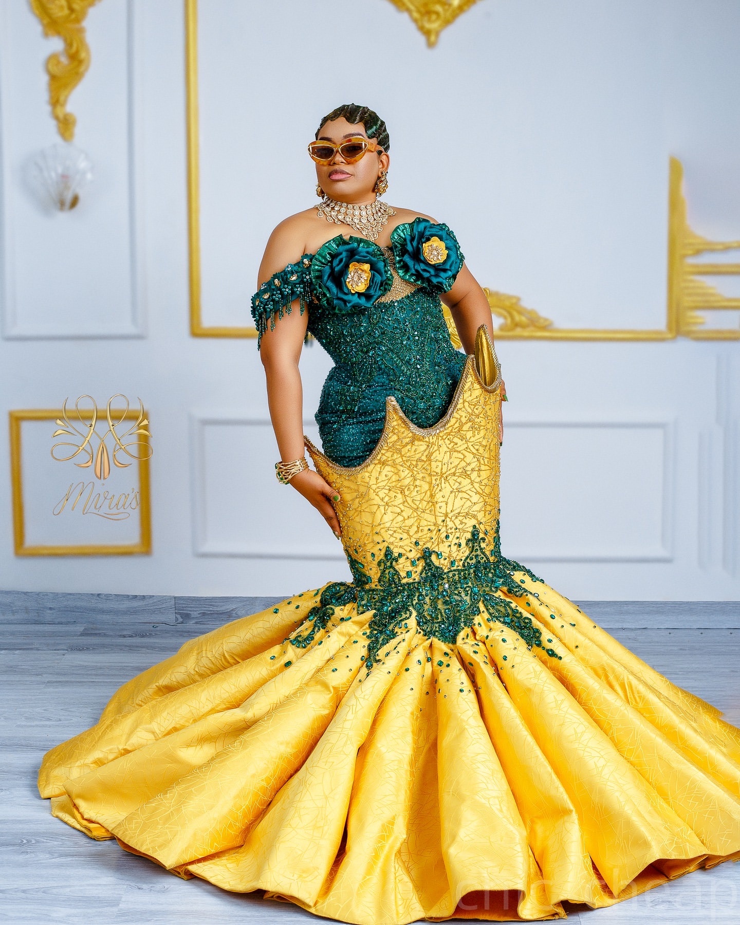 Aso Ebi Mermaid Green Yellow Prom Dresses 2025 Flowers Crystals Lace Evening Formal Party Second Birthday Engagement Gowns Plus Size Dress For Special