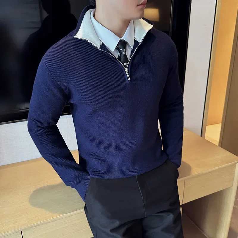 2024 Autumn Winter Sweater For Men High Quality Half Zipper Coat Mens Stand up Collar Color Blocked Slim Fit Knitted Pullover Z250916
