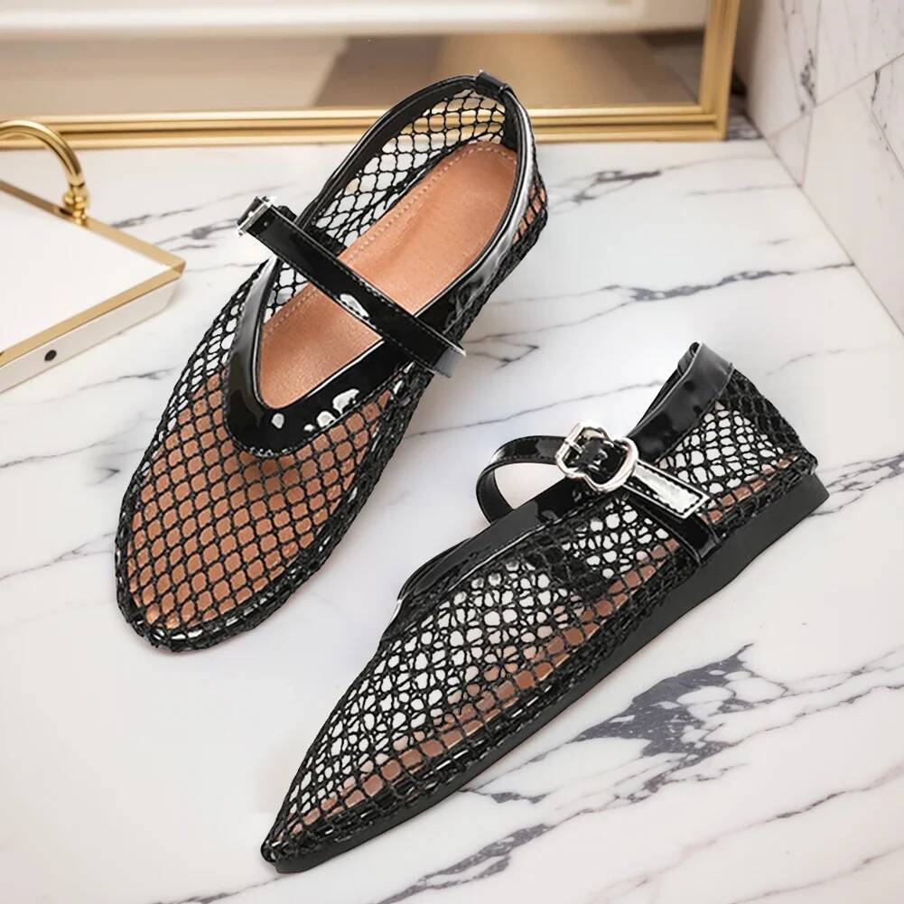 Women Mesh Fishnet Ballerina Flats Comfortable Round Toe Ballet Breathable Casual Walking Shoes for Commuting ddmypanda