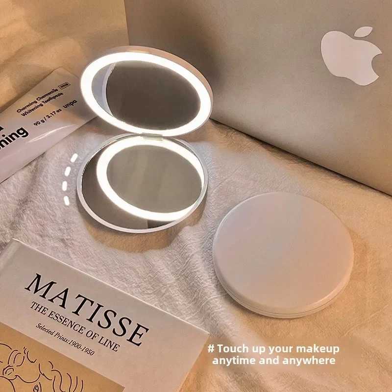 Makeup mirror portable small mirror with light led makeup mirror pocket mini handheld luminous folding round mirror Y2509161