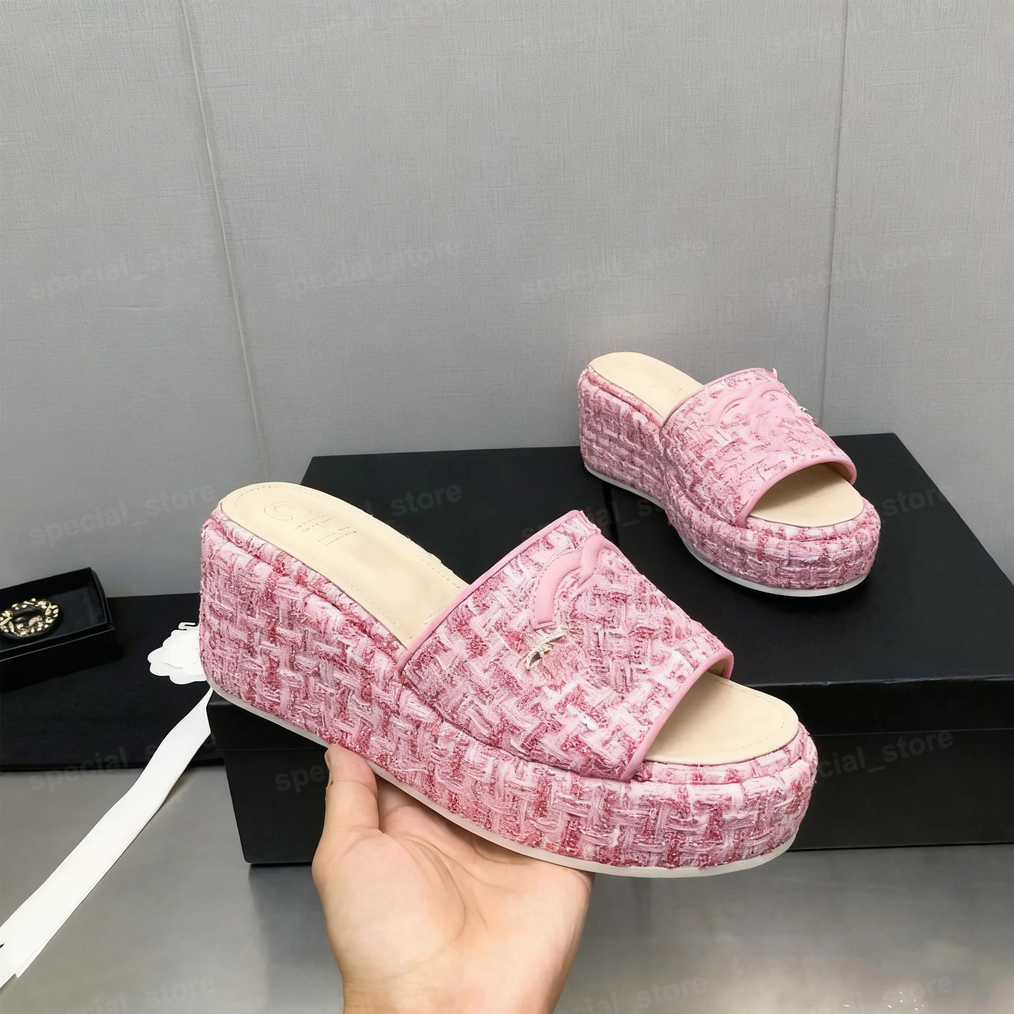 Designer Shoes Luxury brands Platform Wedges Slippers Summer Peep Toe Heels Designer Shoes Woman Sexy Super High Female heel Sandals chan Slide slipper