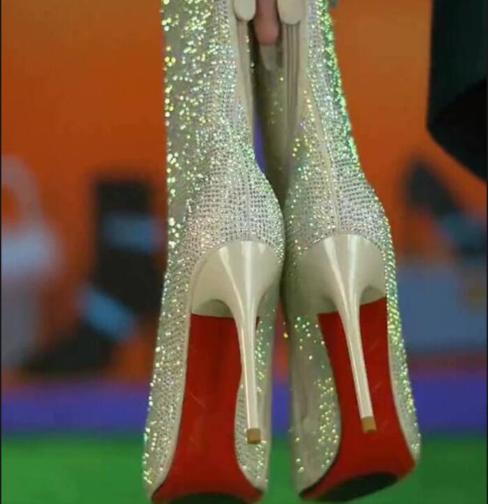 European and American sparkling rhinestone high heeled fashion boots Spring/Autumn/Winter pointed black slimming boots 241226