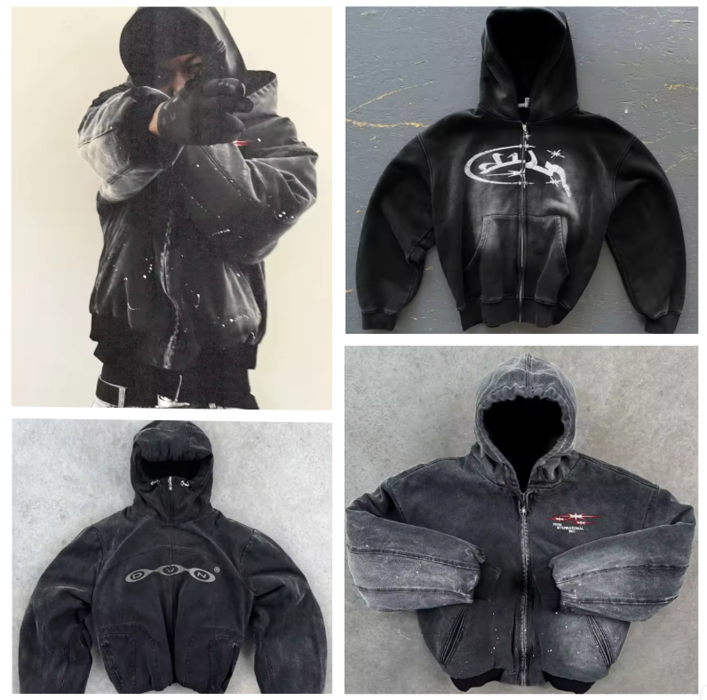 Men's Hoodies Divin by DIVIN New Street Zipper Hoodie Men s Original Retro Embroidery Washed Long Sleeve Coat men's High Street Hip Hop Goth