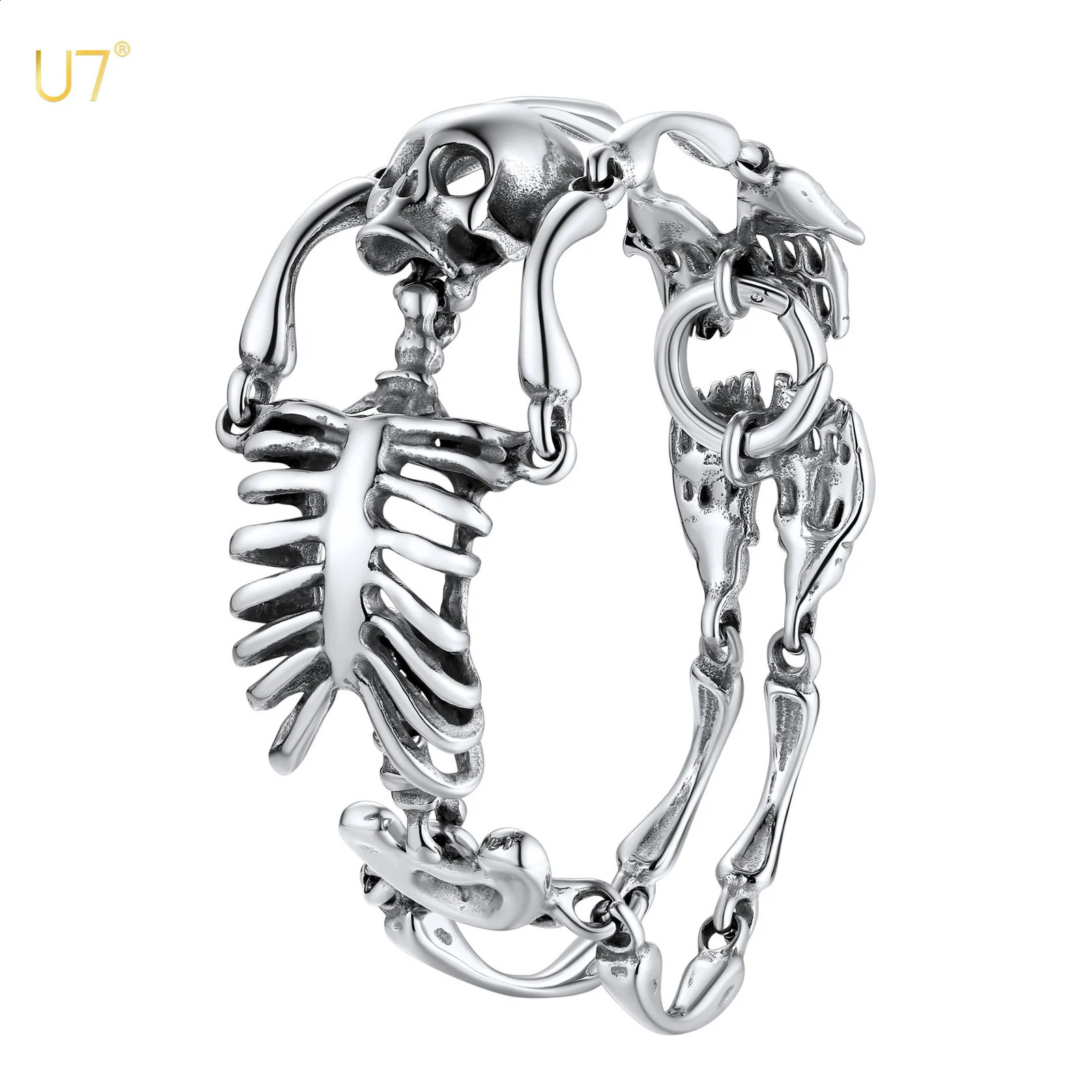 U7 Stainless Steel Gothic Skull Bracelet for Men Steampunk Heavy Skeleton Wristband Chains Halloween Party Accessories 250916