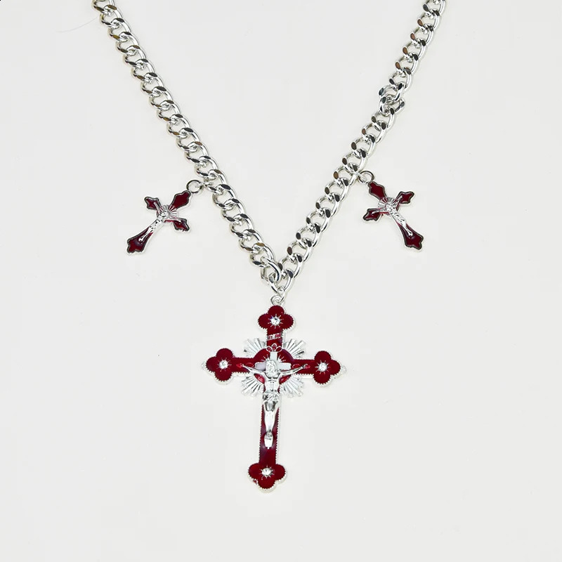 Fashion Gothic Pink Cross Necklace For Women Charm Y2K Red White Rhinestone Metal Choker Chain Trendy Unique Jewelry Gifts 250915