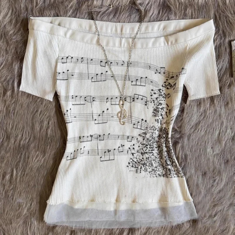 Korean 2000s Punk Goth Girls Graphic Tops Off Shoulder Sexy Lace Cotton T Shirts Cute Music Pattern Y2K Sweet Women Crop Tops 250916