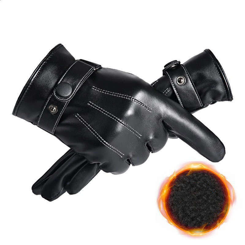 Men Winter PU Leather Black Gloves Button Warm Mittens Outdoor Sports Driving Skiing Mens Windproof Gloves Winter Supplies 250915