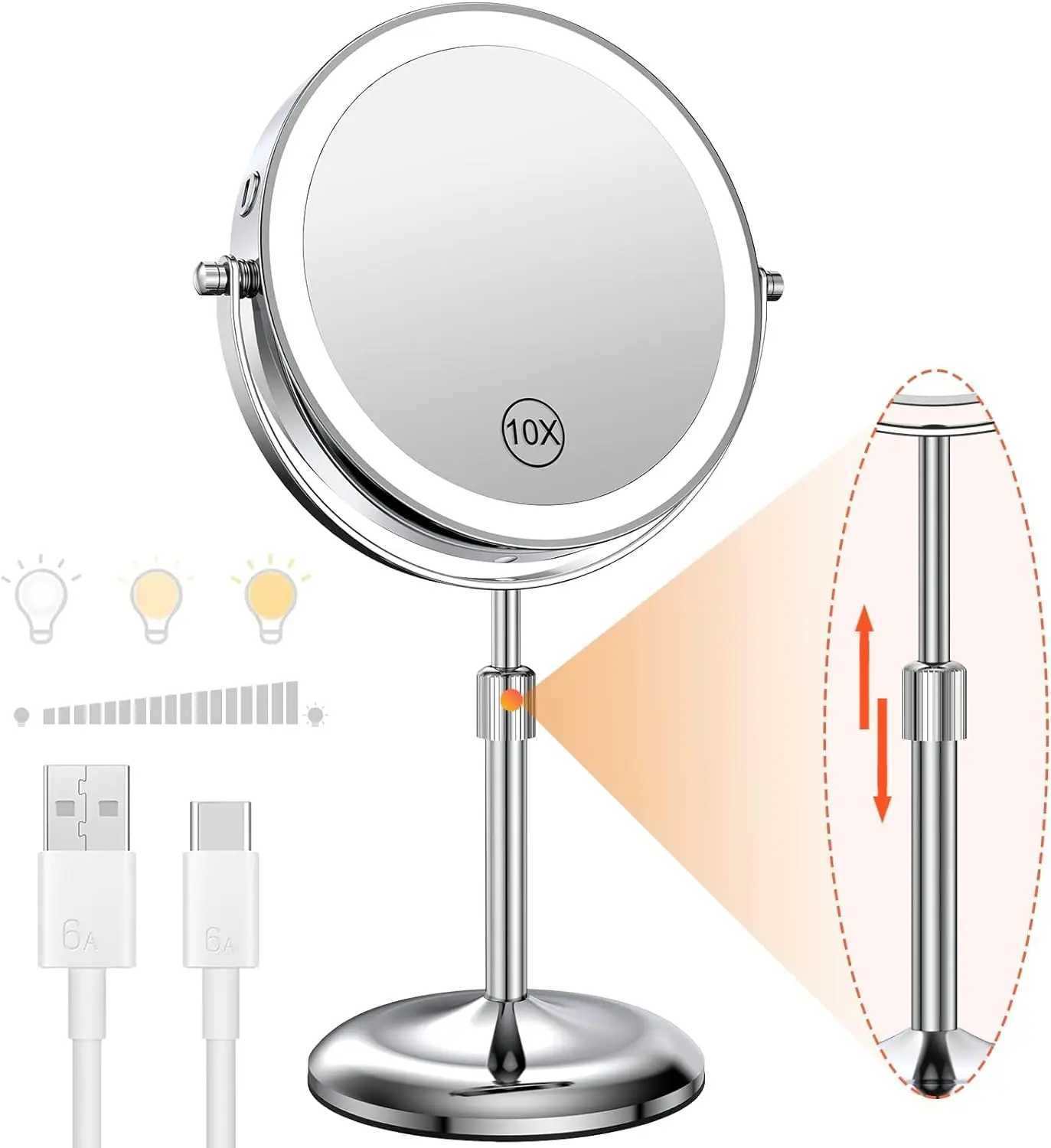 8 Inch Makeup Mirror With Light Lamp 10X Magnification 3 Color LightsAdjustable Brightness Height Standing Cosmetic Mirror C250916