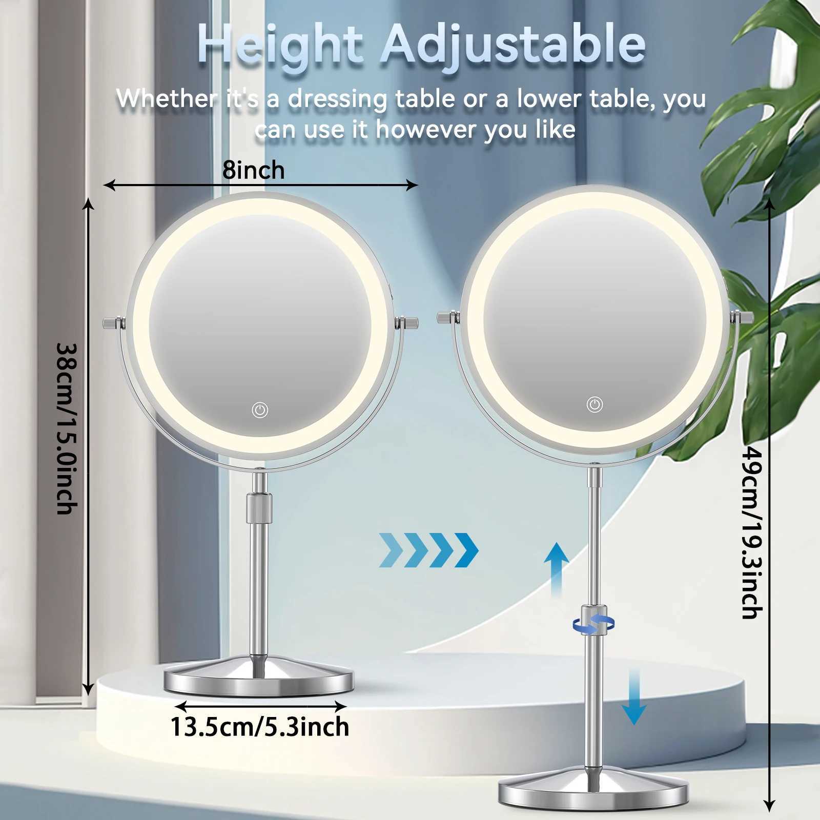 8 Inch Makeup Mirror With Light Lamp 10X Magnification 3 Color LightsAdjustable Brightness Height Standing Cosmetic Mirror Y2509161