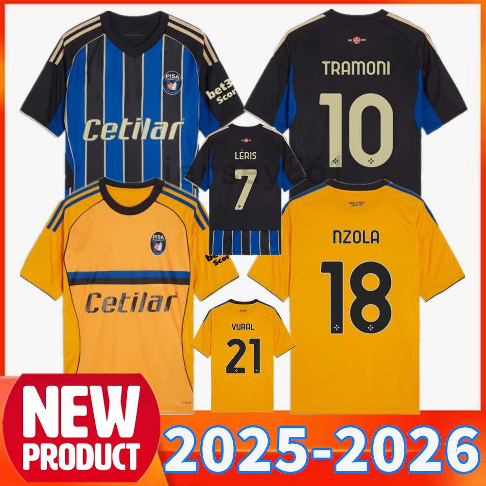 25 26 Maglie Pisa SC Soccer Jerseys 2025 2026 MEISTER TRAMONI NZOLA VURAL home blu e nero awaygiallo Pisa Men Football Shirt