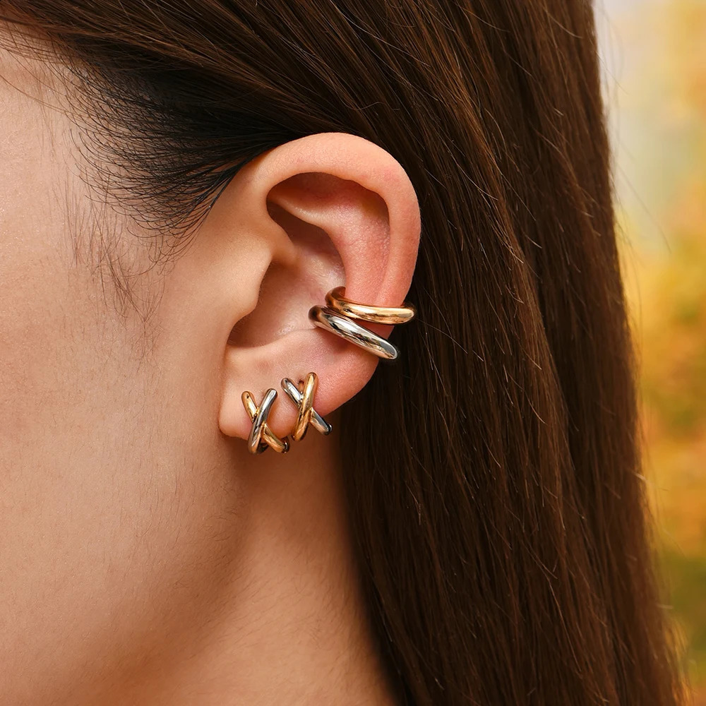 Punk Gold Plated Silver Color Mixing Metal Crisscross Earrings for Women Geometric Small Ear Bone Aros Huggie Hoops Jewelry 250916