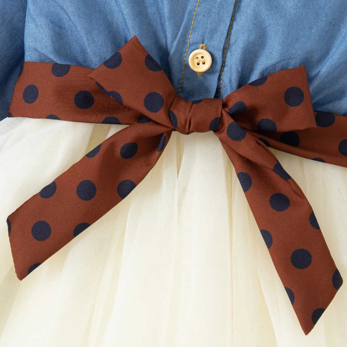 Spring Long Sleeved Dress Girl Denim Blue Dress Fake Two Pieces Tutu Dress For Kids Send Bow Belt C250916