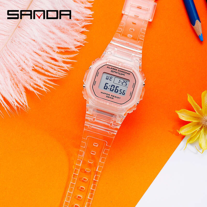 DHgargets Sanda Square Transparent Strap Electronic Watch Multi-Function Luminous Waterproof Outdoor Sports Student Wristwatch