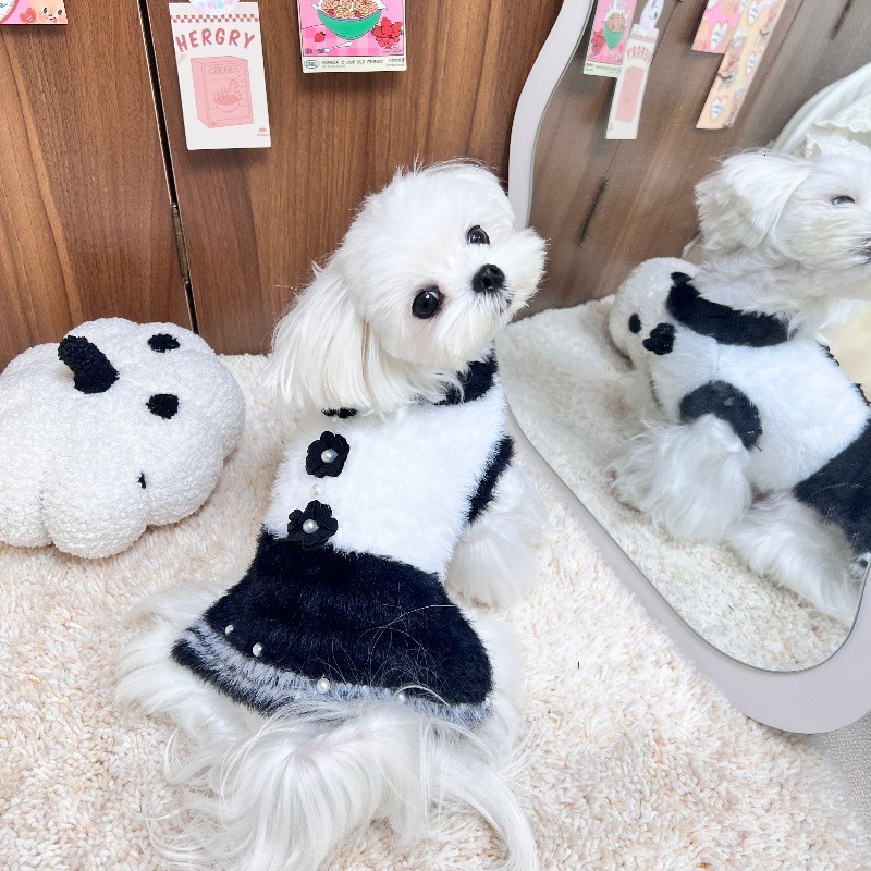 Winter Pet Mink Velvet Beaded Flower Warm Vest Dress for Dogs and Cats Bichon Maltese Corgi Pomeranian Yorkshire Terrier