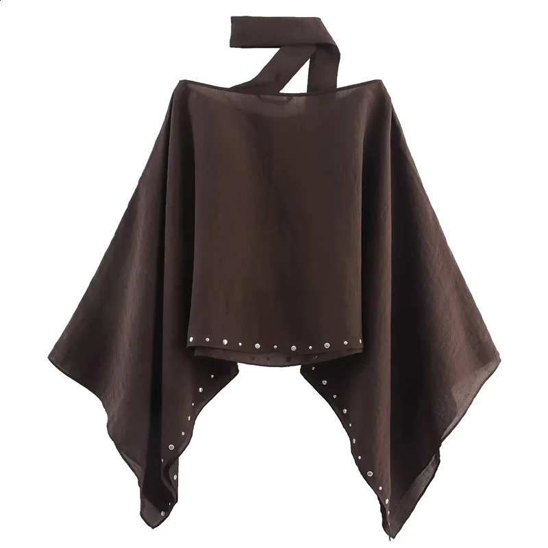 HXAO Womens Scarf Cape Autumn Cloak Short Cape Top Studded Wide Sleeve Brown Cape Cloaks Of Woman Asymmetrical Loose Capes 250916