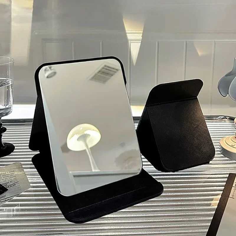 Desktop Makeup Mirror Solid Color PU Leather Simple Portable Handheld Black Mirror Foldable Student Compact Cute Pocket Mirror Y2509161