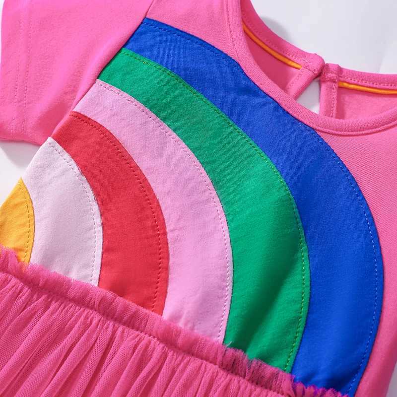 Little maven Baby Girls Childrens Clothing 2025 Summer Fashion Embroidered Cartoon Rainbow Mesh Party Dresses Kids Clothes C250916