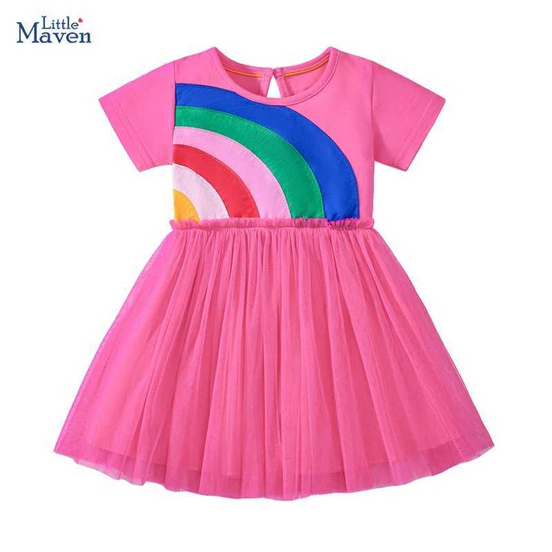 Little maven Baby Girls Childrens Clothing 2025 Summer Fashion Embroidered Cartoon Rainbow Mesh Party Dresses Kids Clothes C250916