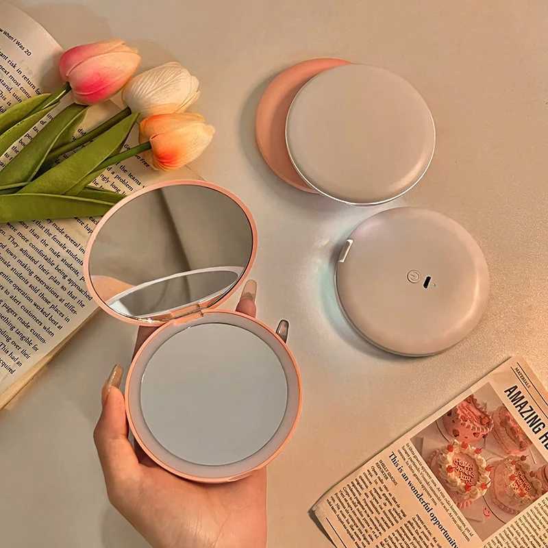Makeup mirror portable small mirror with light led makeup mirror pocket mini handheld luminous folding round mirror C250916