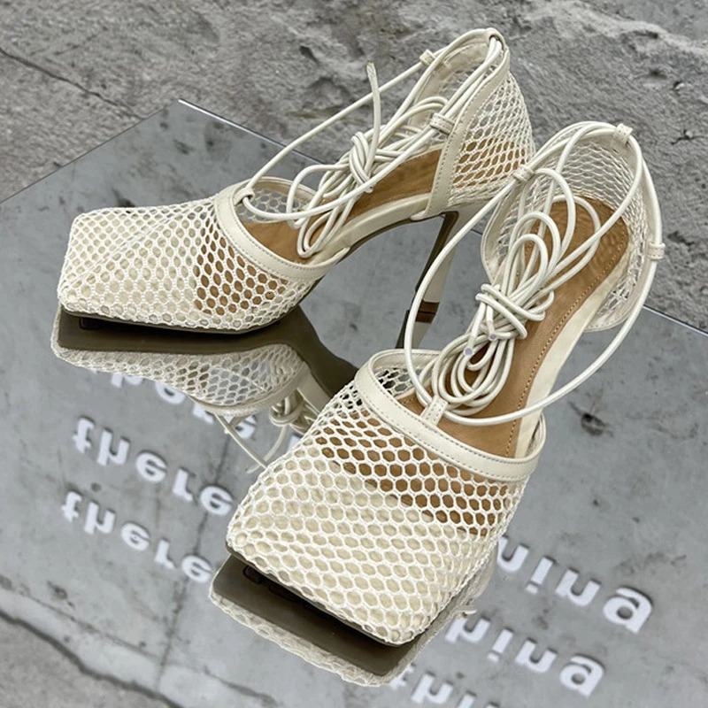 Summer Sexy Yellow Mesh Pumps Sandals Female Square Toe High Heel Lace Up tied Stiletto Hollow Dress Shoes 250915