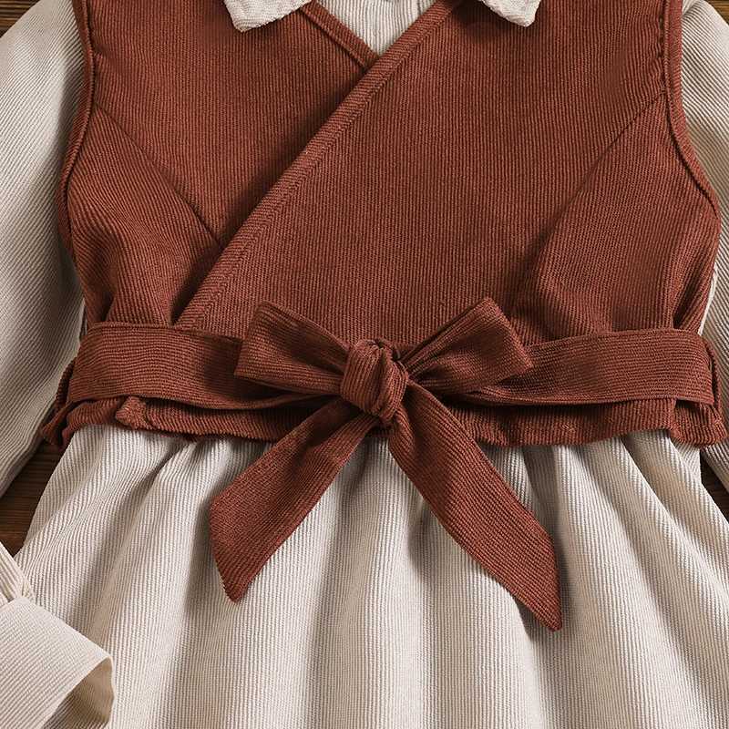 New Autumn 2PCS Kids Clothing Brown Vest Beige Turn Down Collar Long Sleeve ALine Dress For Girls 812 Years Korean Style C250916
