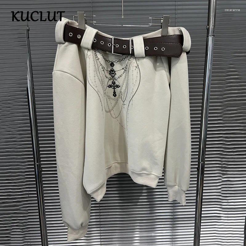Women's Hoodies KUCLUT Fashion Belt One Shoulder Printed Hoodie For Women Loose Casual Versatile Long Sleeve Pullovers Female Trendy 1A868