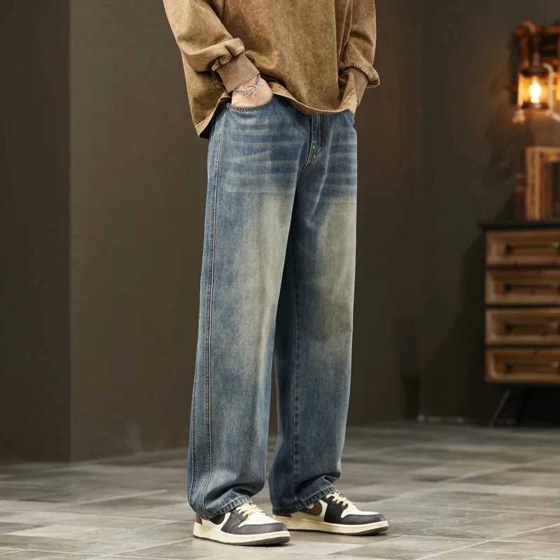 2025Distressed Vintage Blue Jeans Pants Men Wideleg Denim Trousers Male Oversize Streetwear Fashion Casual Baggy Straight JeansZ250917