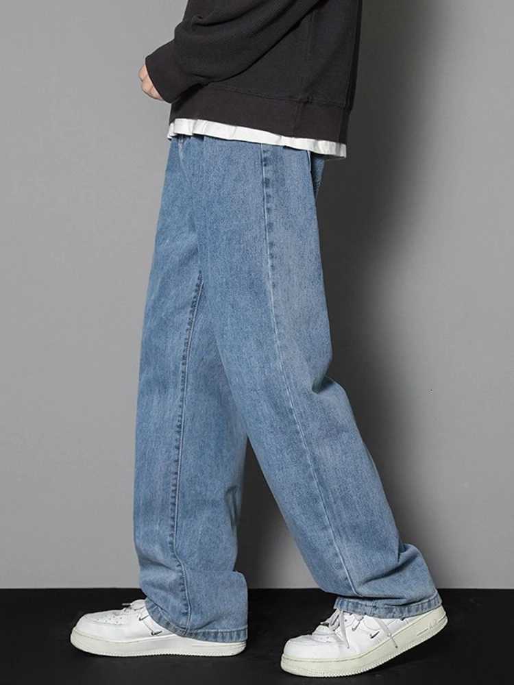 2025 New Korean Men Casual Long Straight Jeans Wide Leg Denim Pants Solid Color Light Blue Grey BlackZ250917