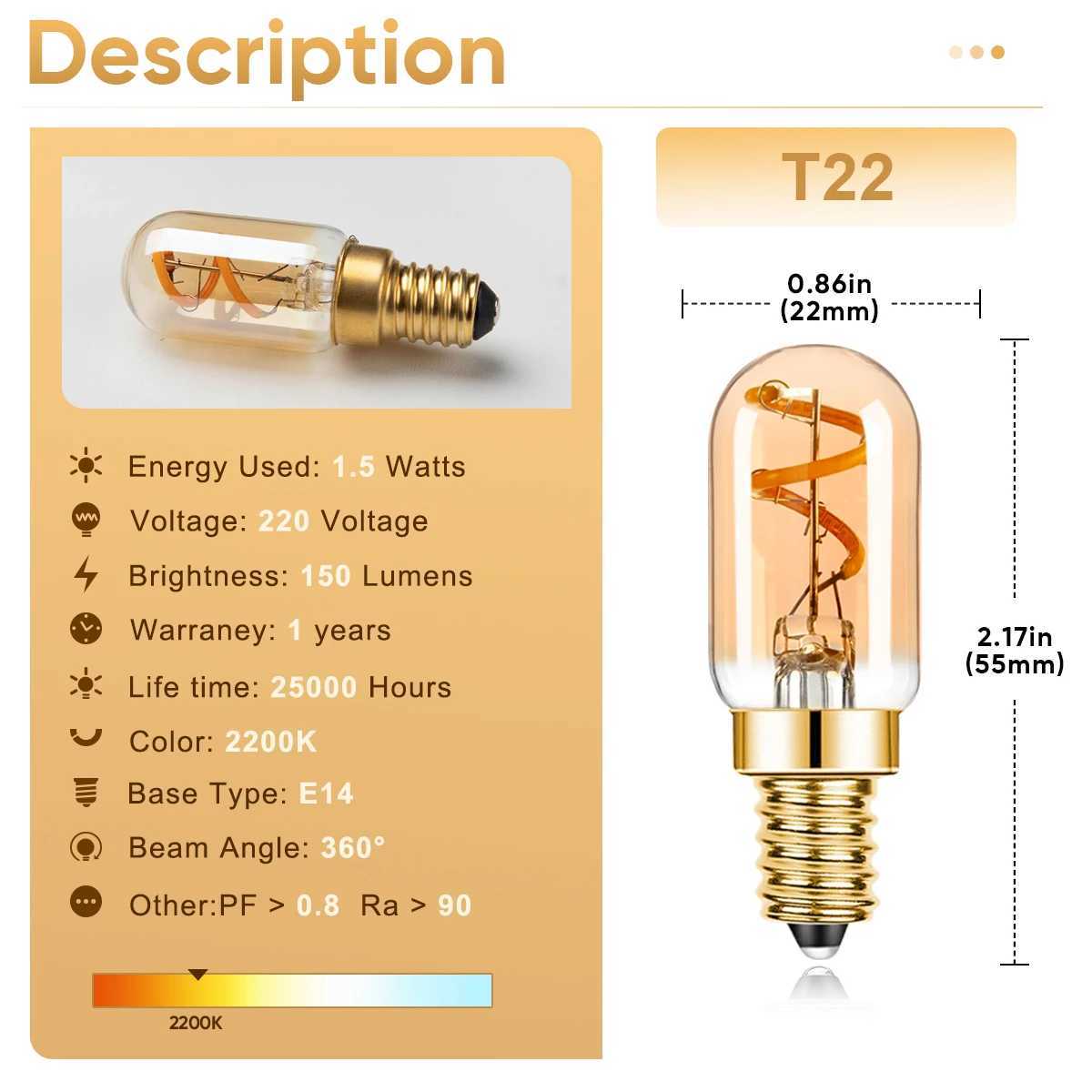 Dimmable T22 E14 Led Bulb 220V 15W Edison Spiral Filament Lamp Warm White Salt Lamps Retro Night Lights Mini Tube Light Decor C250917