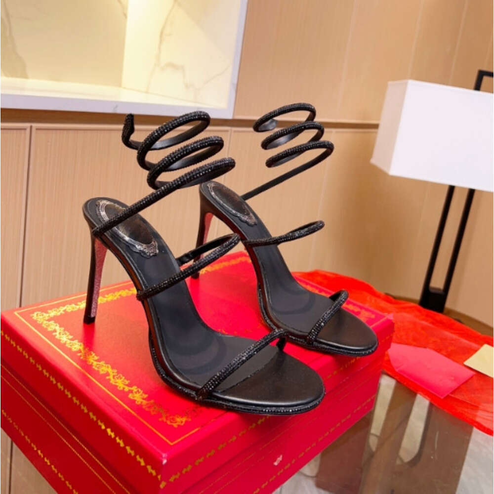 RENE CAOVILL Rhinestone High Heels Sandals With Rhinestone Satin Ankle Snake Wrap Drill Cover Wedding Vacation Girls Silk Silver Crystal High-Heeled Sandals Aac