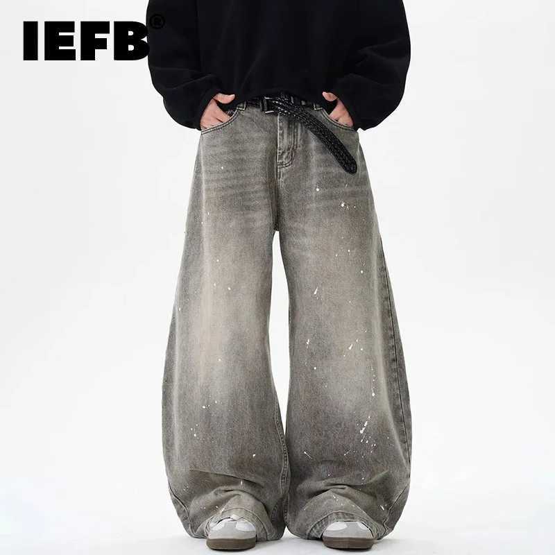 IEFB Vintage Mens Jeans Splashink Washing Contrast Color Casual Wide Leg Trendy Denim Trousers Straight Machete Pants 9W2272Z250917