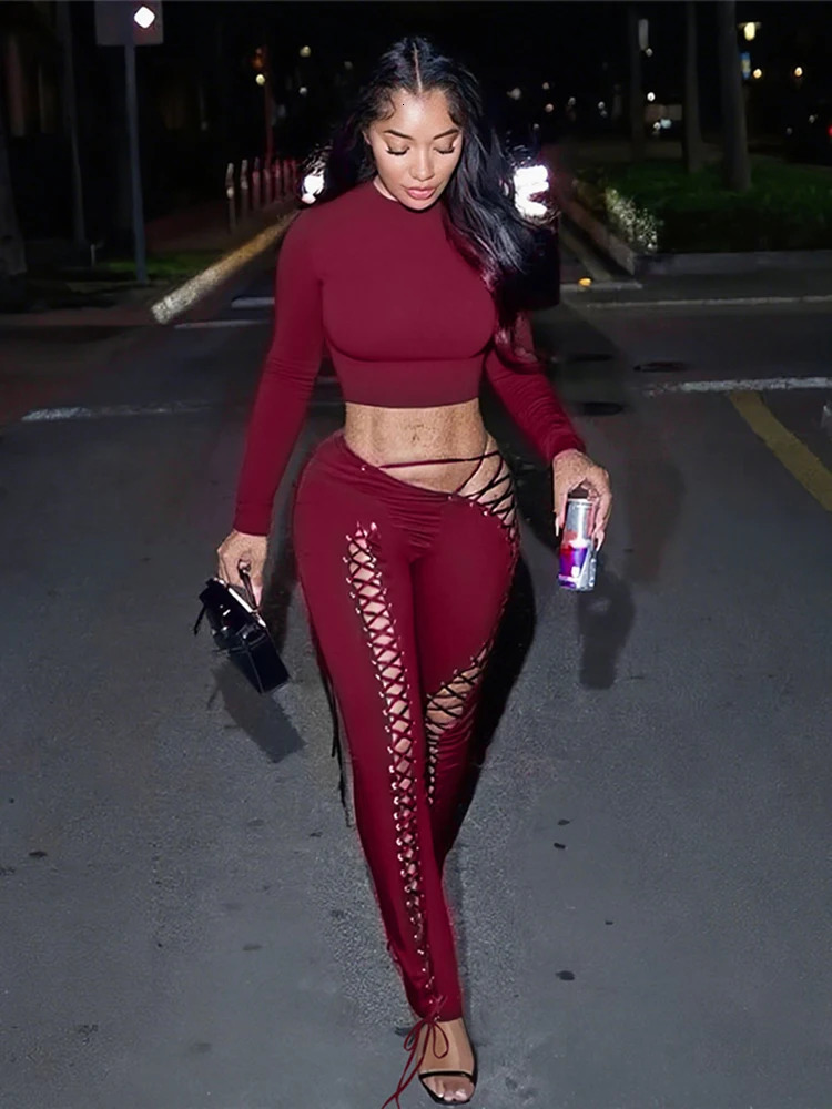 Weird Puss Sexy Women 2 Piece Set Casual Tracksuit Full Fall Crop TopsShirring Irregular Pants Stretch Streetwear Skinny Suits 250917