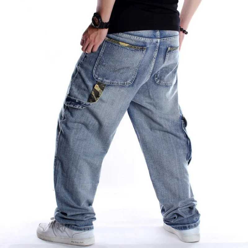 Large Size 46 Loose Jeans Men Denim Pants Straight Pocket Baggy Casual Streetwear Hip Hop Brand Blue Wide Leg Cargo TrousersZ250917