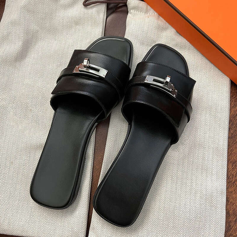 Sheepskin Version ~ Elegant Small Gold Buckle Genuine Leather One-Strap for Women French Style Flat Sandals Outdoor Slippers Half Slides