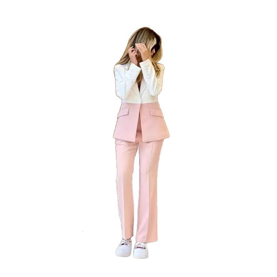 HIGH Runway Suit Set Womens Single Button Color Block Blazer Flare Pants Suit 250328