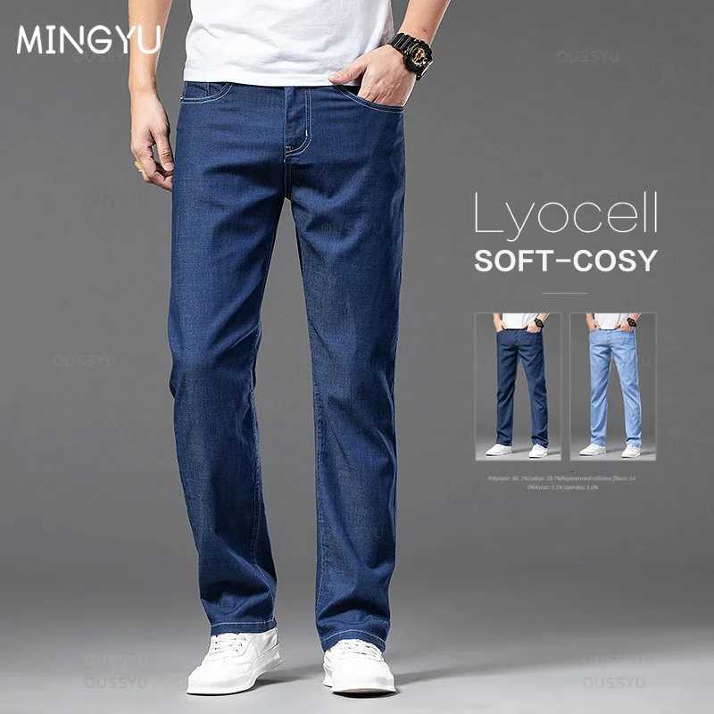 2025 New Summer Lyocell Baggy Mens Jeans Elastic Waist Thin Straight Denim Pants Dark Blue Classic Trousers Plus Size 40 42Z250917