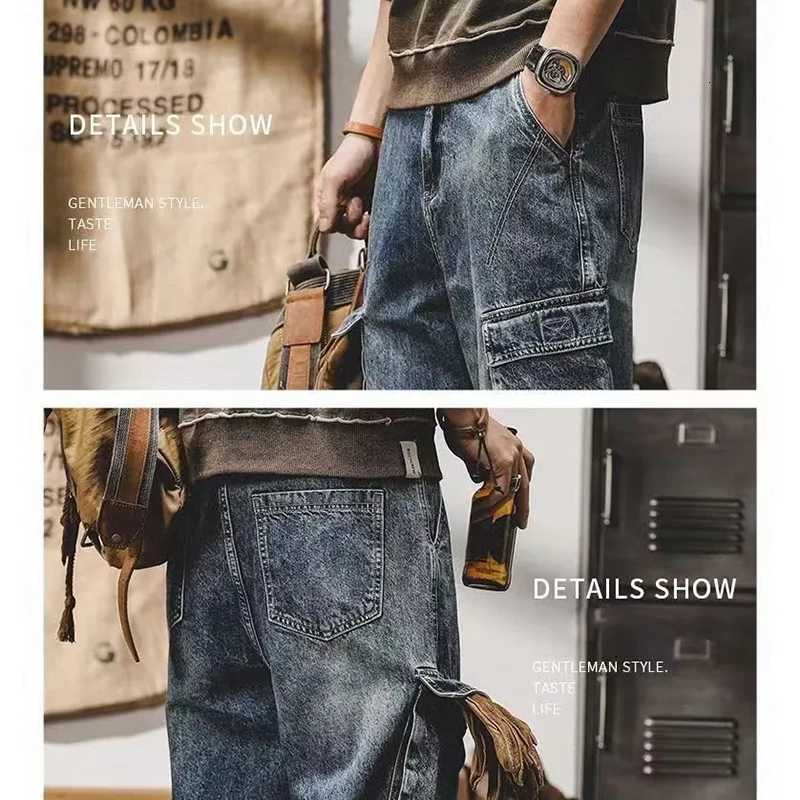 Mens Fashion Multi Pockets Design Cargo Trousers American Vintage Wide Leg Denim Pants Trend Cool Style Streetwear Jeans MaleZ250917
