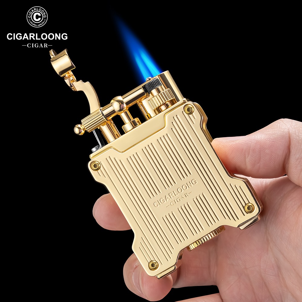 CIGARLOONG Cigar Straight Dual Flame Visible Fuel Perspective Window Adjustable Firepower Torch Lighter with Gift BoxWithout Gas W260202